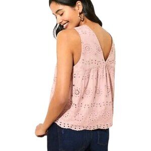 Loft Light Pink Eyelet Sleeveless V-Neck Back Scalloped Blouse Size Large